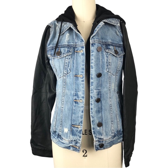Blank NYC | Jackets u0026 Coats | Blank Nyc Womens Denim Jacket Hoodie  Sweatshirt With Faux Leather Sleeves | Poshmark